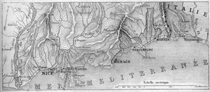 Geografische Karte des Fürstentums Monaco, 1861, vor dem Beitritt der Städte Roquebrune und Menton zu Frankreich. Gravur in „Le Monde Illustré“ Nr. 202 vom 23. Februar 1861 von French School