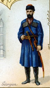 Georgischer Mann. Edition der Pariser Lithographie, Ende des 19. Jahrhunderts. Serie von 25 Werbechromos für die Dijon-Herstellung von Biscuits Pernot, gegründet 1869. Detail der Figuren in traditioneller Tracht