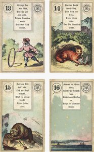 Deutsche Ausgabe des Lenormand französischen Kartendecks: Das Kind, Der Fuchs, Der Bär, Der Stern, veröffentlicht von Dondorf, Frankfurt, 19. Jahrhundert von French School