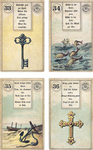 Deutsche Ausgabe des Lenormand französischen Kartendecks: Der Schlüssel, Die Fische, Der Anker, Das Kreuz, veröffentlicht von Dondorf, Frankfurt, 19. Jahrhundert von French School
