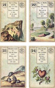 Deutsche Ausgabe des Lenormand französischen Kartendecks: Der Berg, Der Weg, Die Mäuse, Das Herz, veröffentlicht von Dondorf, Frankfurt, 19. Jahrhundert von French School