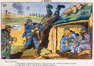 Deutscher Soldat von französischen Soldaten gefangen genommen, Karikatur aus der April-Ausgabe von La Baionette, 29. März 1917 von French School