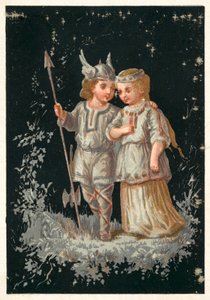 Mädchen und Junge in nordischer oder germanischer Tracht von French School