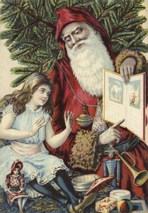 Mädchen wird vom Weihnachtsmann ein illustriertes Buch gezeigt von French School