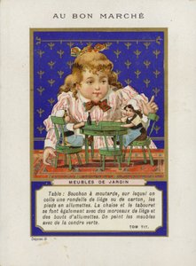 Mädchen spielt mit Puppen und Miniaturmöbeln, Gartenmöbel von French School