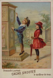 Mädchen beobachtet einen Jungen, der eine Uhr einstellt (Chromolithografie) von French School
