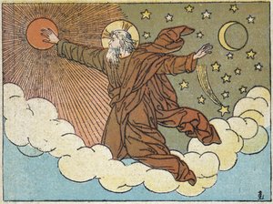 Gott: 4. Tag der Schöpfung - in „Heilige Geschichte in 120 Bildern“, ed. Maison de la Bonne Presse, Paris von French School