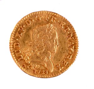Goldener französischer Louis, Regierungszeit von König Louis XV (1715-1774) 1723. Durchm. 2,3 cm Neapel, Archäologisches Museum