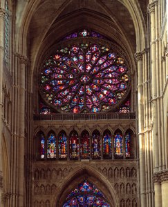 Gotische Architektur: Ansicht der Rosette der Kathedrale Notre-Dame von Reims aus dem 13. Jahrhundert von French School