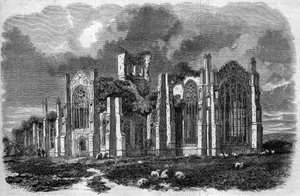Gotische Architektur: Blick auf die Ruinen der Melrose Abbey (12. Jahrhundert), Schottland von French School