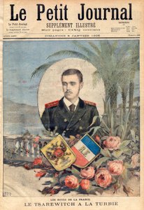 Großherzog und russischer Zarewitsch Georg Alexandrowitsch, der Bruder von Zar Nikolaus II., besucht La Turbie, Frankreich, „Le Petit Journal“, 5. Januar 1896 (Gravur). von French School