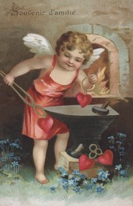 Grußkarte mit einem Cherub, der Freundschaftszeichen schmiedet von French School