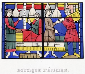 Lebensmittelladen. Facsimile eines Glasfensters aus dem Mittelalter in „Histoire de la peinture sur verre“ von Ferdinand de Lasteyrie von French School