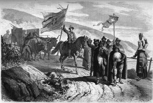 Gruppe von „Pifferari“ (Bettler und wandernde Musiker aus Italien), die die Provinz Abbruzzo nach Neapel zur Karwoche verlassen. Gravur in „Le Monde Illustré“ Nr. 364 vom 2. April
