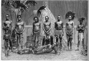 Gruppe von Männern der angolanischen Truppe, ausgestellt in Paris während der Weltausstellung 1889 (Menschlicher Zoo)