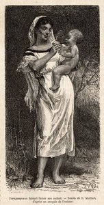 Guaranie-Frau raucht ihrem Kind die Zigarre, das auf ihrer Hüfte reitet, um seine Schreie zu beruhigen, Gravur nach der Zeichnung von D. Maillart, zur Illustration der Reise nach Paraguay 1872-1873, von L. Forgues, veröffentlicht in „Le tour du monde“ 1874 von French School