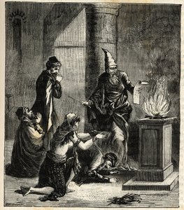 Guebres (oder Zoroastrier) - Feueranbeter - Gravur in „Sciences à la portée de tous - Physik und Chemie für alle“ von Alexis Clerc. Spätes 19. Jahrhundert. Private Sammlung von French School