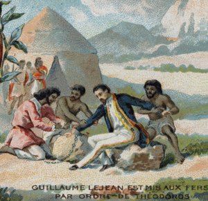 Guillaume Lejean, ein französischer Entdecker, wurde auf Befehl von Kaiser Theodoros von Abessinien (heutiges Äthiopien) in Ketten gelegt. Chromolithographie aus dem 19. Jahrhundert.