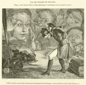 Gulliver auf einem Tisch zur Bewunderung der Einwohner von Brobdingnag ausgestellt von French School