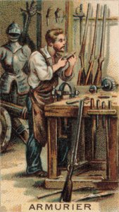 Büchsenmacher bei der Arbeit in seiner Werkstatt von French School
