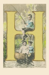 Ein Junge mit einer Angelrute, zwei Kinder in einem Boot von French School