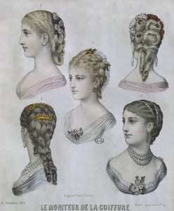 Frisuren, Illustration aus Le Moniteur de la Coiffure, 10. Dezember 1879 (Farbstich) von French School