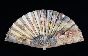 Handfächer, der den Frühling oder das Erblühen der Liebe darstellt, bemaltes Papier mit graviertem weißen Perlmuttgriff, 35,5 cm, signiert Adolphe Faugeron, Frankreich