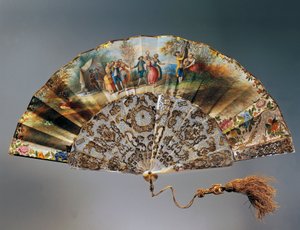 Fächer mit Szene von spielenden Kindern, Papierblatt mit Aquarell-Lithographie und Perlmutt-Rippen