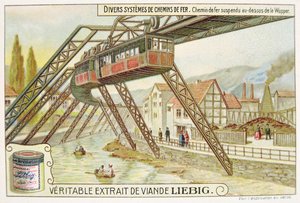 Hängebahn über dem Fluss Wupper, Werbekarte für Veritable Extrait de Viande Liebig