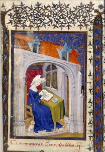 (Detail) einer Miniatur von Christine de Pizan in ihrem Arbeitszimmer am Anfang der 