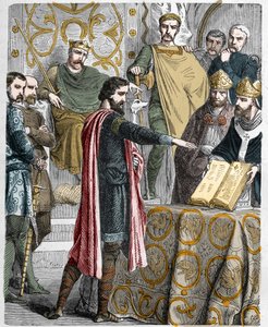Harold II., letzter angelsächsischer König, wird 1064 gekrönt und schwört auf die heiligen Reliquien vor Wilhelm dem Eroberer, seine Sache auf dem Thron von England nach dem Tod von Edward dem Bekenner zu unterstützen.