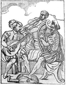 Harfen- und Lautenspieler (Cythara und Testudo) im 16. Jahrhundert. In "The picturesque store" 1836