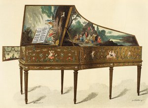 Cembalo mit Grotesken verziert, Illustration aus Wörterbuch der Möbel und Dekoration von Henry Havard, Band I