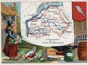 Haute Savoie (Haute-Savoie, 74), Rhone Alpes (Rhone-Alpes), Frankreich. Lokale Spezialität: Papier, Gruyere, Honig, Tabak und Hochöfen. Serie über die französischen Departements. Chromolithographie „der geografische Faden“, um 1920. Private Sammlung