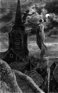 Er erschien auf dem Kirchturm. Gravur zur Illustration des Romans „Feuer und Flamme“ von Zenaide Fleuriot. In „Le Journal de la jeunesse“