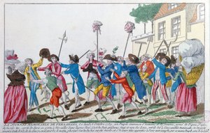 Köpfe von zwei der am 5. Oktober 1789 in Versailles von der Pariser Menge getöteten Königsgardisten werden triumphierend nach Paris getragen