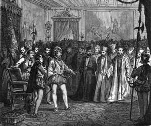 Heinrich IV. vor der Versammlung der Notablen in Rouen. In „Histoire Populaire de la France“, ca. 1885. Gravur. von French School
