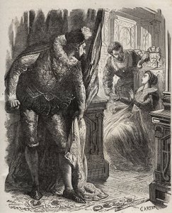 Henry (Henry) Stuart genannt Lord Darnley (1545-1567) überraschte seine Frau, Königin Maria (Mary) I. Stuart (1542-1587), mit ihrem Privatsekretär David Rizzio (gest. 1566). Gravur von 1871 in „Histoire Des Cocuses Celebres“ von Henry de Kock (1819-1892)