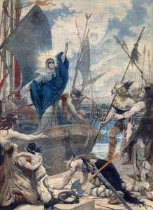 Heldinnen Frankreichs: St. Genevieve (423-512). Les héroïnes de France - Barbareninvasionen - Sainte Genevieve rettet die Stadt Paris. Illustration für Le Petit Journal. von French School