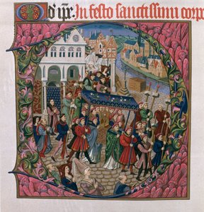 Historisierte Initiale D, die eine religiöse Prozession auf dem Place de Grève, Paris im 15. Jahrhundert darstellt (Faksimile-Ausgabe des Missel de Jouvenel des Ursins)
