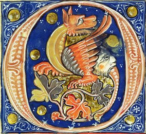 Historisierte Initiale O, die einen geflügelten Greif zeigt