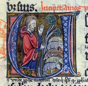 Historiated Initial U zeigt den Propheten Amos, der seine Herde führt, aus einer lateinischen Bibel, 14. Jahrhundert von French School