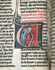 Historiierte Initiale, die einen Mann beim Erbrechen zeigt (Pergament) von French School