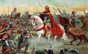 Geschichte Galliens im Mittelalter: Germanische Sachsen knien vor König Karl dem Großen (742-814), der die Kriege gewonnen hat. Chromolithographie des späten 19. Jahrhunderts. von French School