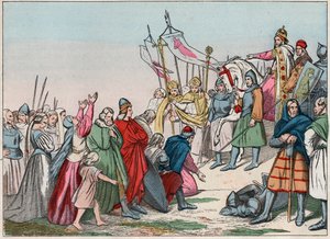 Geschichte Galliens im Mittelalter: Germanische Sachsen knien vor König Karl dem Großen (742-814), Sieger der Kriege - Gravur aus dem späten 19. Jahrhundert in „Unsere Nationalen Ruhmestaten - Bilder und Erzählungen“. von French School