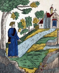 Geschichte der vier Söhne Aymon; Maugis, nachdem er Karl den Großen gefangen genommen hatte, ging in eine Einsiedelei, um dort Buße zu tun (Bild des 19. Jahrhunderts) von French School