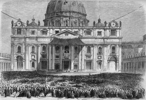 Karwoche in Rom: Blick auf den Petersplatz in Rom (Piazza San Pietro) während des Segens „urbi et orbi“ am Gründonnerstag und Ostersonntag. Gravur in Le Monde Illustré Nr. 526 vom 11. Mai 1867.