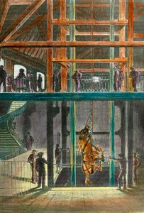 Pferdeabstieg in die Creusot-Mine im Jahr 1865. Gravur des 19. Jahrhunderts. Private Sammlung.