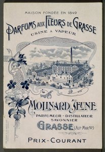 Haus gegründet 1849 - Düfte aus den Blumen von Grasse - Dampfanlage: Molinard Jeune - Werbekarte, die die Molinard-Fabrik präsentiert - Gravur, Anfang 20. Jahrhundert