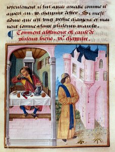 Wie Enthaltsamkeit die Ursache vieler Güter ist: links ein Mann, der Gier und übermäßiges Trinken darstellt, und rechts ein nüchterner Mann, der Tugend nährt und das Fleisch beherrscht. Miniatur aus Le livre de bonnes moeurs de Jacques Legrand